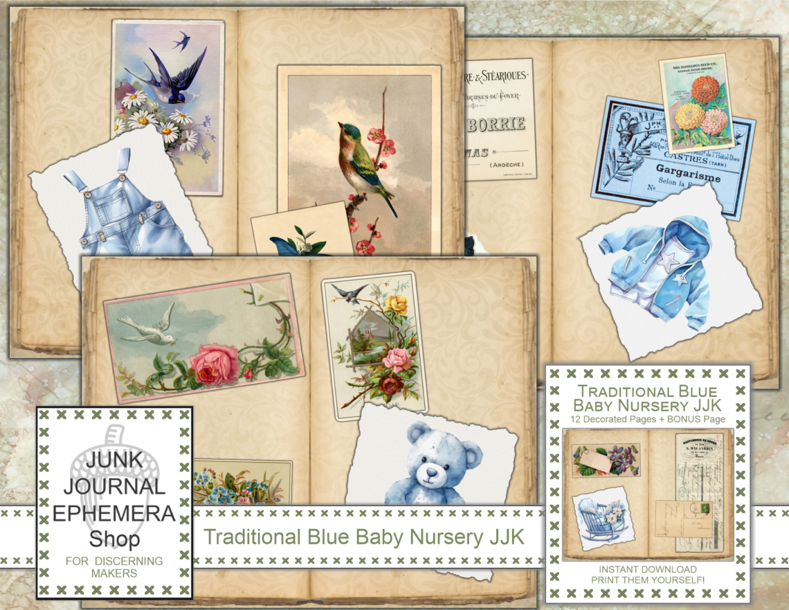 Traditional Blue Baby Nursery Junk Journal Kit just added to my Etsy Shop