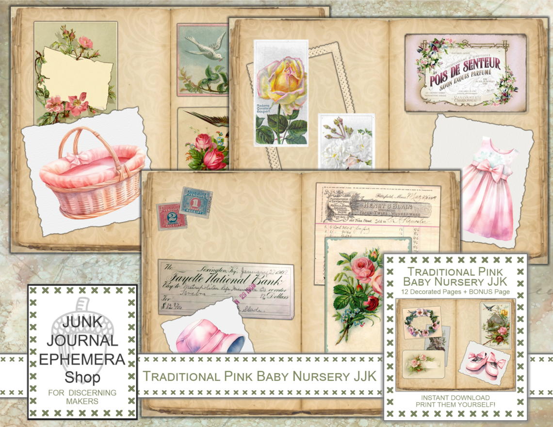 Traditional Pink Baby Nursery Junk Journal Kit