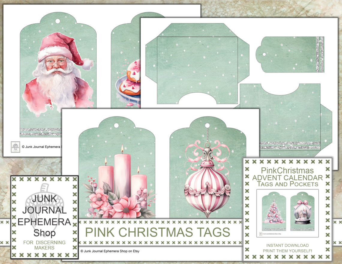 Pink Christmas Advent Calendar Tags and Pockets