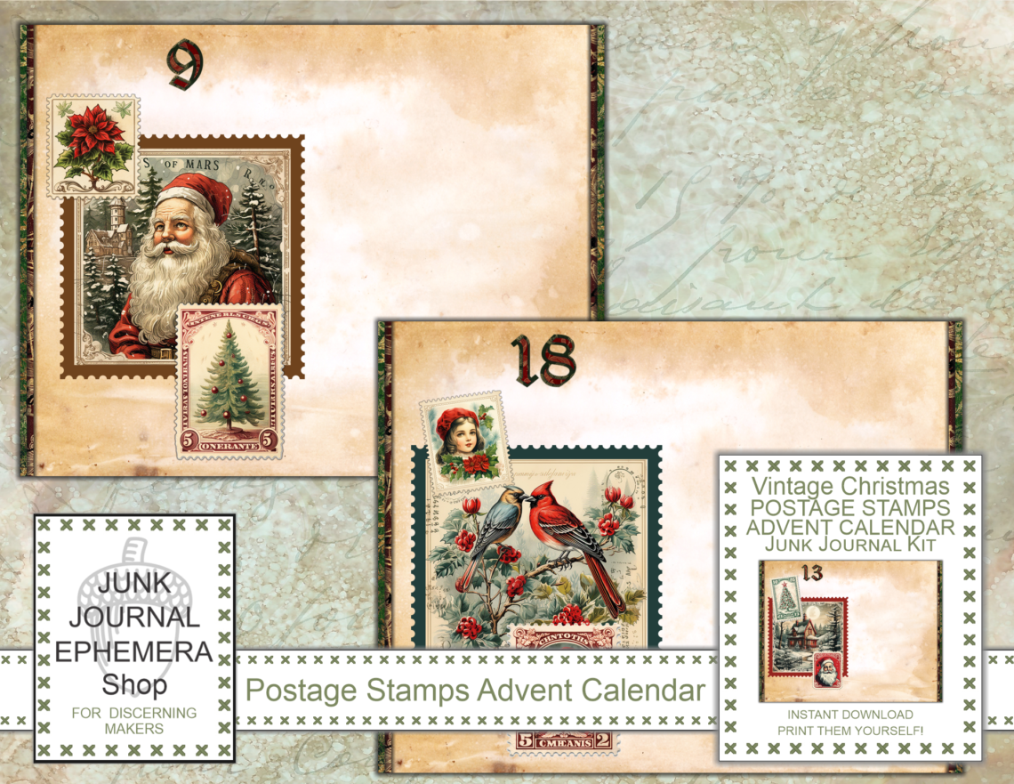 Vintage Christmas Postage Stamps Advent Calendar Junk Journal Kit