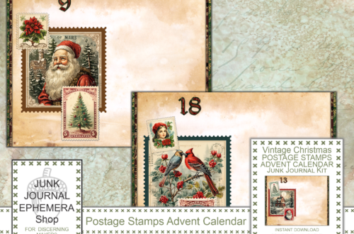 Vintage Christmas Postage Stamps Advent Calendar Junk Journal Kit